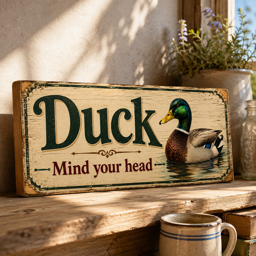 Duck sign mind your - your, head