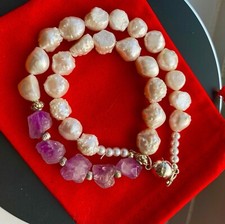 Genuine Freshwater Large Baroque Pearls & Amethysts Choker Necklace 38cms/15”
