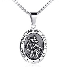 Stainless Steel Oval ST Christopher Pendant Necklace 24inch Box Chain For Mens