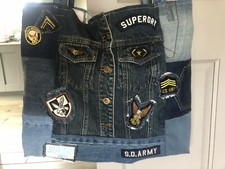 Handmade Blue Denim Large Tote Bag Handbag Jeans. With ‘superdry’ Patches Army