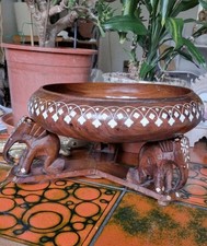 Antique  Teak Inlaided Elephant Stand and  Wooden Bowl 