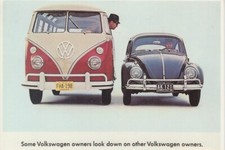 Volkswagen advert on postcard showing microbus and beetle.