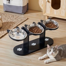 Raised Cat Bowl Elevated Food Feeder Station Stainless Steel 3Bowls Wooden Stand