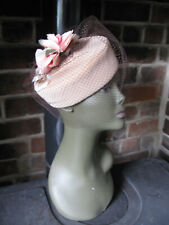 Vintage C&A Pill Box Hat with Flower & Net Wedding Funeral beige Brown Mod 60s