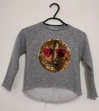 Zara Girls Long Sleeve Current Mood Emoji Top Jumper 4 Years 2 Way Sequins Grey