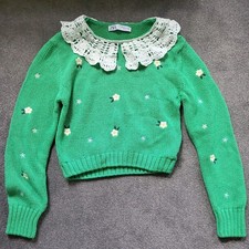 Zara Ladies Green Cropped Knit Jumper Big Collar Flower Embroidery Size Medium