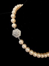 Vintage•15" Choker•semi-lustre glass pearl necklace•1960s•ornate diamànte clasp