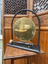 Large Vintage Brass Dinner Gong Wooden Base With A Turned Beater 41cm x 35.5cm