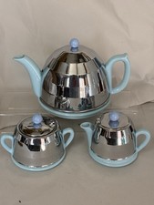 VINTAGE 1950s DECO BLUE TEAPOT SUGAR AND MILK WITH SHINY CHROME COVERS EXCELLENT