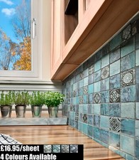 CUT SAMPLE Antique Rustic Effect Pattern Green / Blue / Grey Glass Wall Mosaics