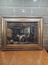 Vintage Oil On Board Naive Country Farm Stable Farrier Horse & Donkey Framed
