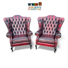 Pair of Oxblood Leather Chesterfield Wing Back Chairs FREE DELIVERY