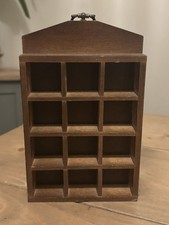 Vintage Small Dark Wood Wall Hanging Trinket Display Case Brass 12 Compartments