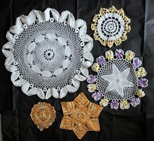 Group of Vintage Table Mats Doilies hand crocheted White & Coloured 