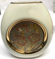 The Art of Chokin Japanese Vase Butterfly / Flowers 24k Gold Edged 3.1/2" High