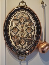 Vintage  Copper tray Etched Engraved Artisan Hand Made Tray Brass Handles