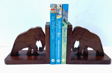 VINTAGE WOODEN PAIR OF BOOK ENDS CARVED ELEPHANTS TABLE BOOK SHELF STAND ANTIQUE
