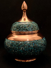 Mid East Islamic PERSIAN Hand Made Turquoise Decorated Copper-Signed