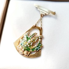 Vintage Fob Brooch Enamel Brass Lucky  White Heather Art Deco 1930s