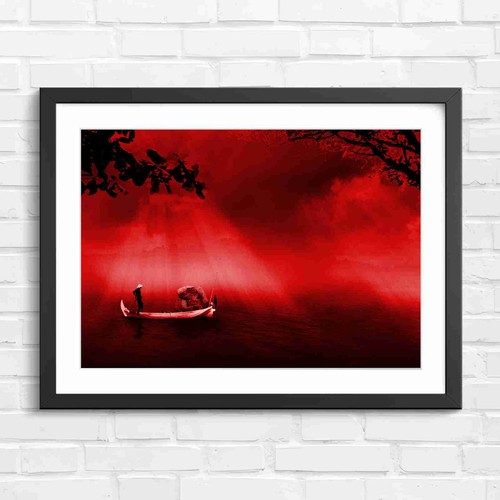 Foggy lake boat with - lake,