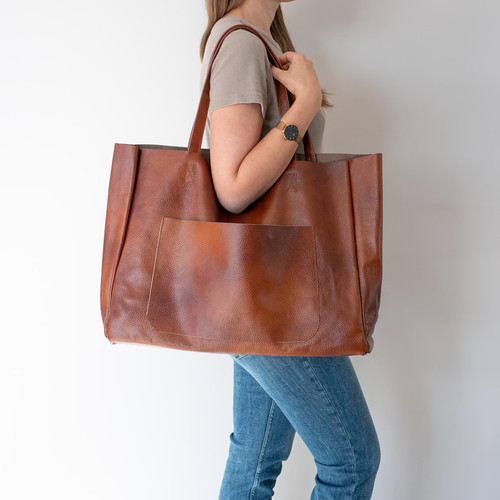 Genuine brown leather tote bag - genuine,