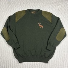 Niffi Mens XL Green Wool Knit Jumper Suede Elbow Patch Stag Design