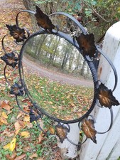 Vintage 1950's Wrought Iron Convex Mirror Black With Copperised Leaves