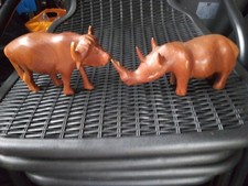 Set of Two Mini Wooden Animals Buffalo and Rhino Figurines