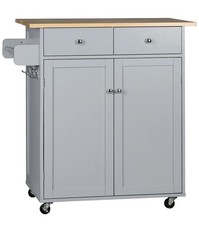 HOMCOM Rolling Kitchen Island, Utility Serving Cart with Rubber Wood Top Grey
