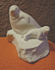Norwegian alabaster seal and pup sculpture