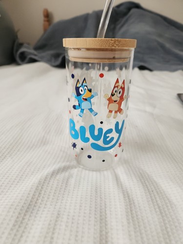 Bluey glass tumbler bamboo - bluey, lid