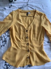 H&M mustard yellow flounced Sleeve blouse With Brown Buttons - Size 6