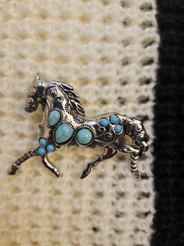 Silver horse brooch turquoise - brooch,