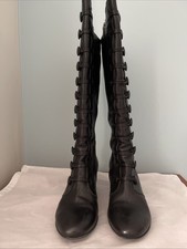 Duo Coralie Black Leather Boots Size 43 Calf 48 Zip With Button Front, 6.5  Heel