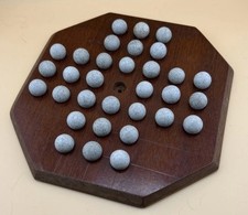 Vintage Hand Made Wooden Solitaire With Stone Marbles 8”