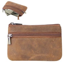 Brown Soft Leather Small Coin Holder Change Purse Zipper Key Card Wallet