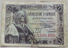 1945 Spain One Peseta Banknote Isabel l De Castilla Circulated