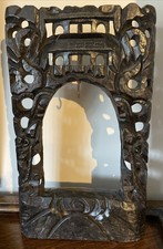 Antique Chinese Buddha Temple Hardwood Carved Frame 2 Dragons Black Jade Eyes