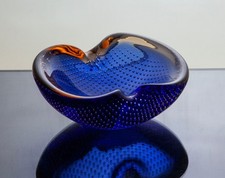 Vintage Murano Glass Ferro Italarts Bullicante Blue & Peach Ashtray / Pin Dish