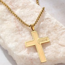 18K Gold Jesus Cross Pendant Necklace Men Women Catholic Prayer Chain Jewellery