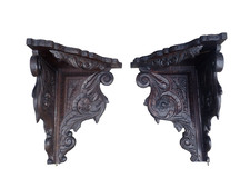 Pair of large antique Victorian carved wood corner wall shelf brackets