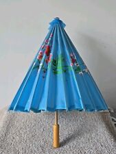Vintage Bamboo Parasol Umbrella Blue Silk Floral Handpainted Flowers Red Pink
