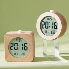 Nordic Style Wooden Alarm Clock Bedside Table Desk Bedroom Snooze w/ Backlight