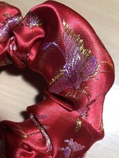 Handmade Hair Scrunchie Butterflies, Red Silky Chinese Woven Fabric