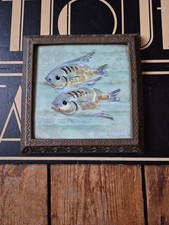 Antique Old Vintage Dunsmore fish Minton? hand painted tile brass trivet