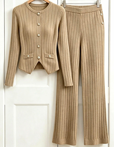 Women beige ribbed knit - ribbed,