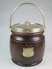Vintage Wooden Biscuit Barrel Ceramic Insert Silver Coloured Metal Top & Shield