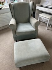 Next Blue Fabric Wingback Chair And Footstool Studded Detail