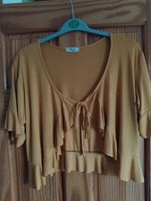 LADIES TIE UP FRONT BOLERO SHRUG WOMENS SHORT SLEEVES FRILL SHIRT PLAIN CROPPED