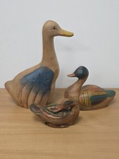 Selection Of 3 Vintage Carved Wooden Ducks Various Style And Size